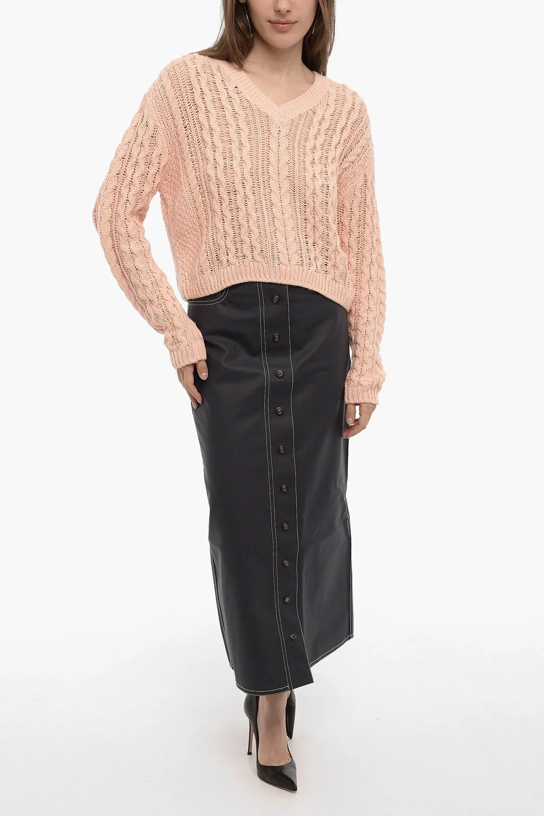 360Sweater Cropped Cable Knit CELESTINA Sweater with V-neck