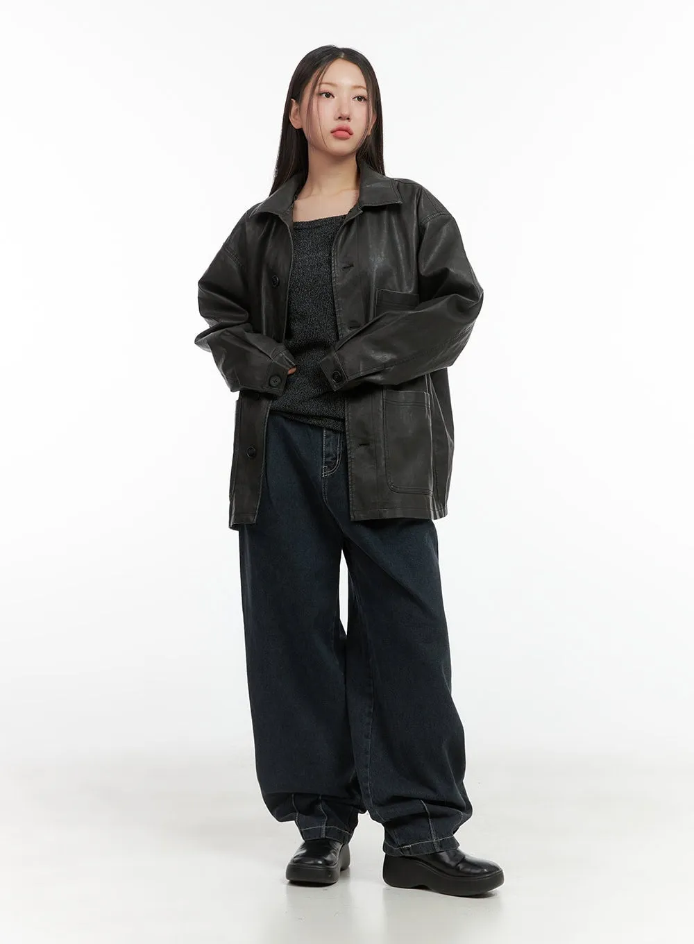 Buttoned Faux Leather Jacket CO417