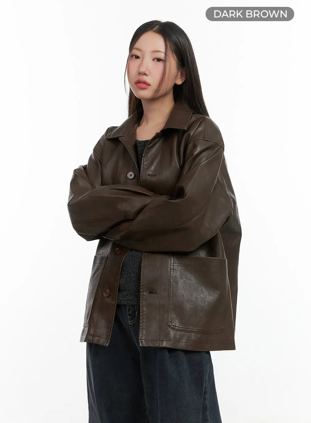 Buttoned Faux Leather Jacket CO417