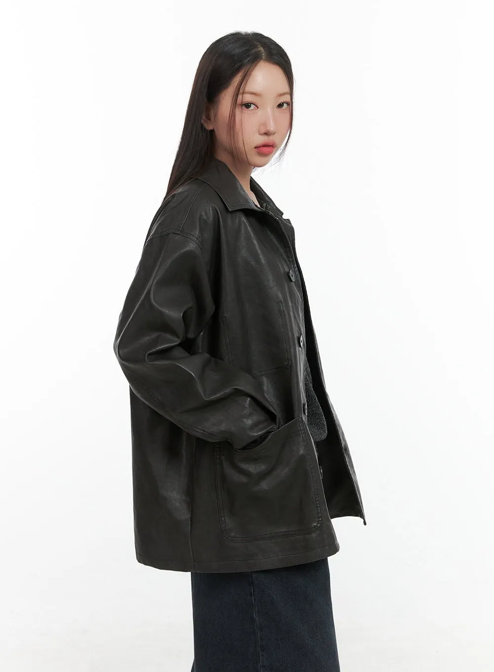 Buttoned Faux Leather Jacket CO417