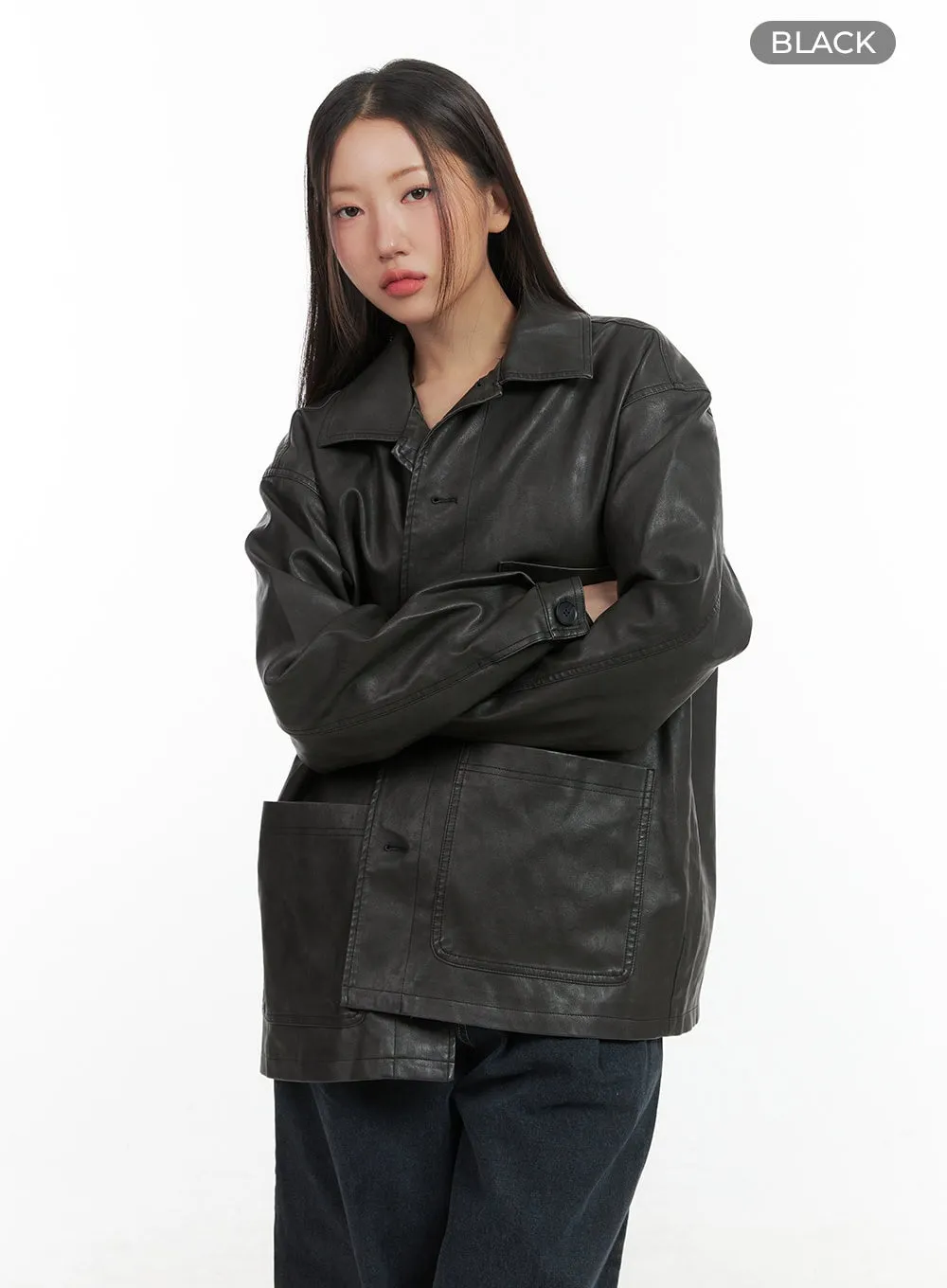 Buttoned Faux Leather Jacket CO417
