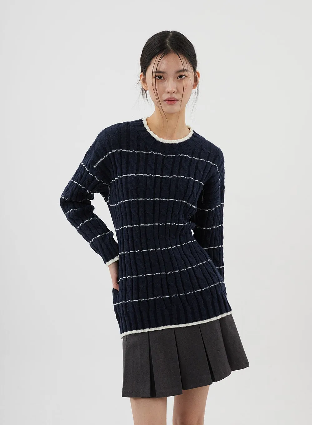 Cable Knit Stripe Crewneck Sweater CJ310