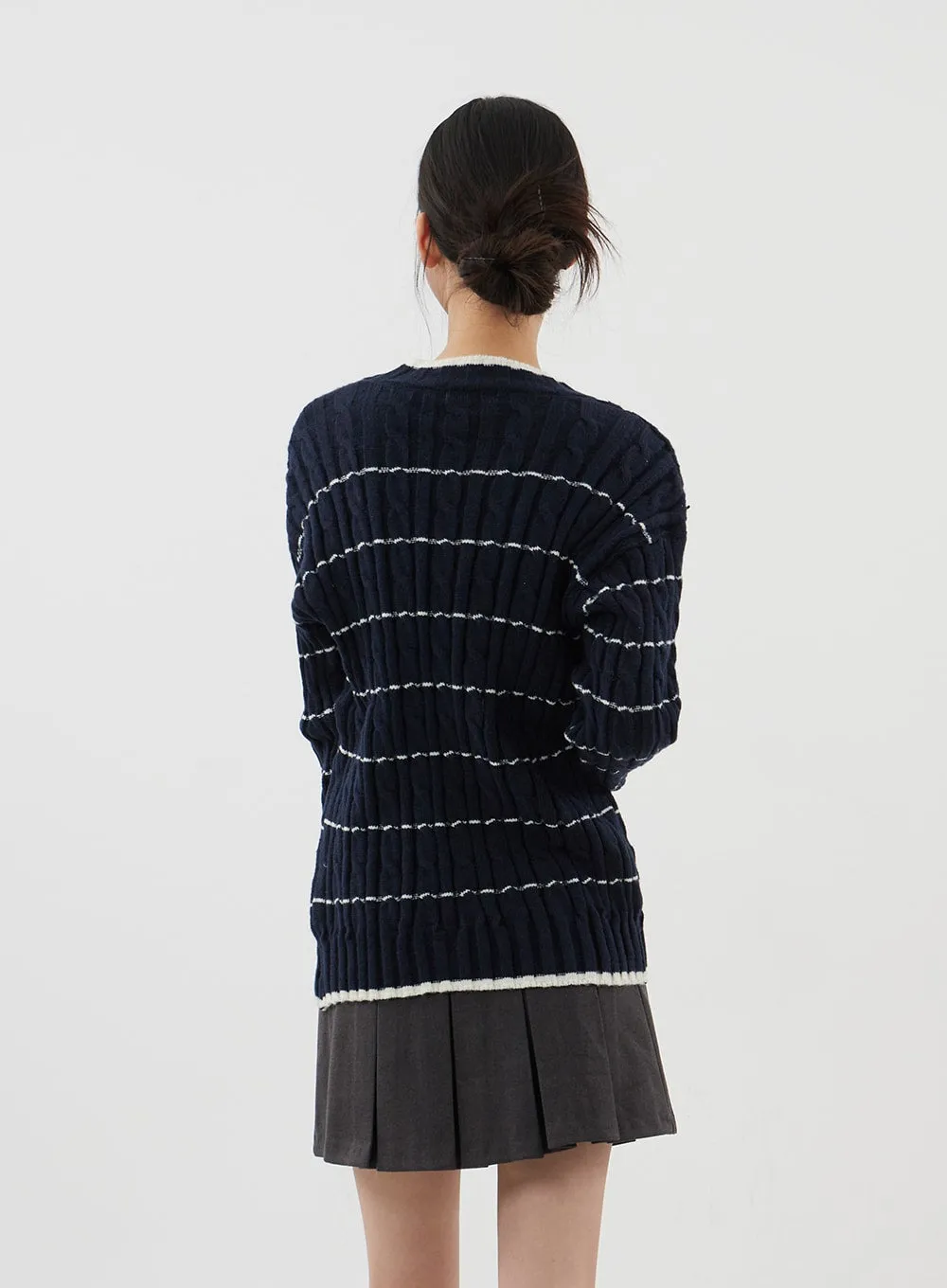 Cable Knit Stripe Crewneck Sweater CJ310