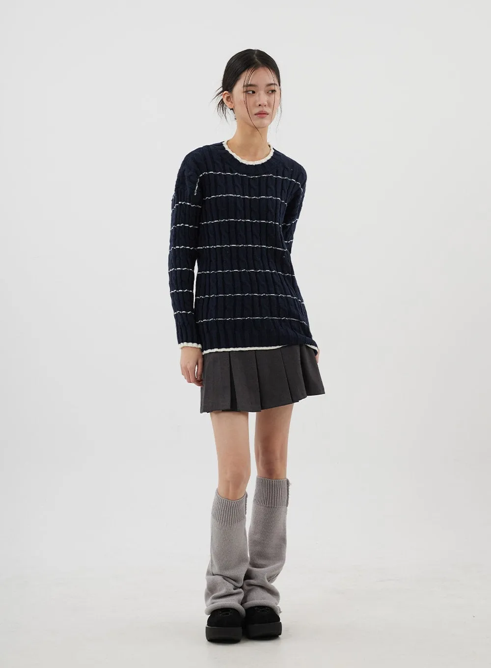 Cable Knit Stripe Crewneck Sweater CJ310
