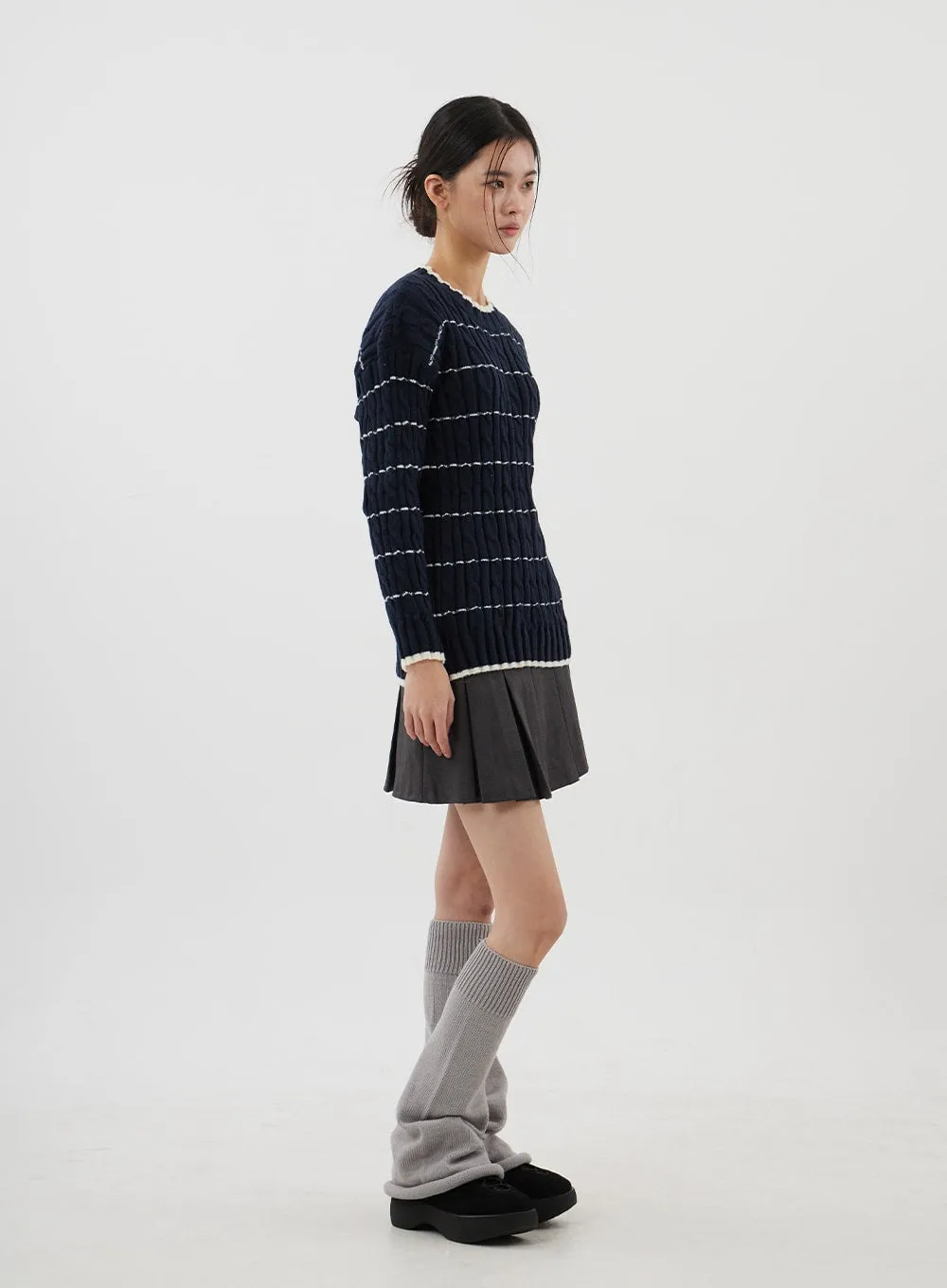 Cable Knit Stripe Crewneck Sweater CJ310