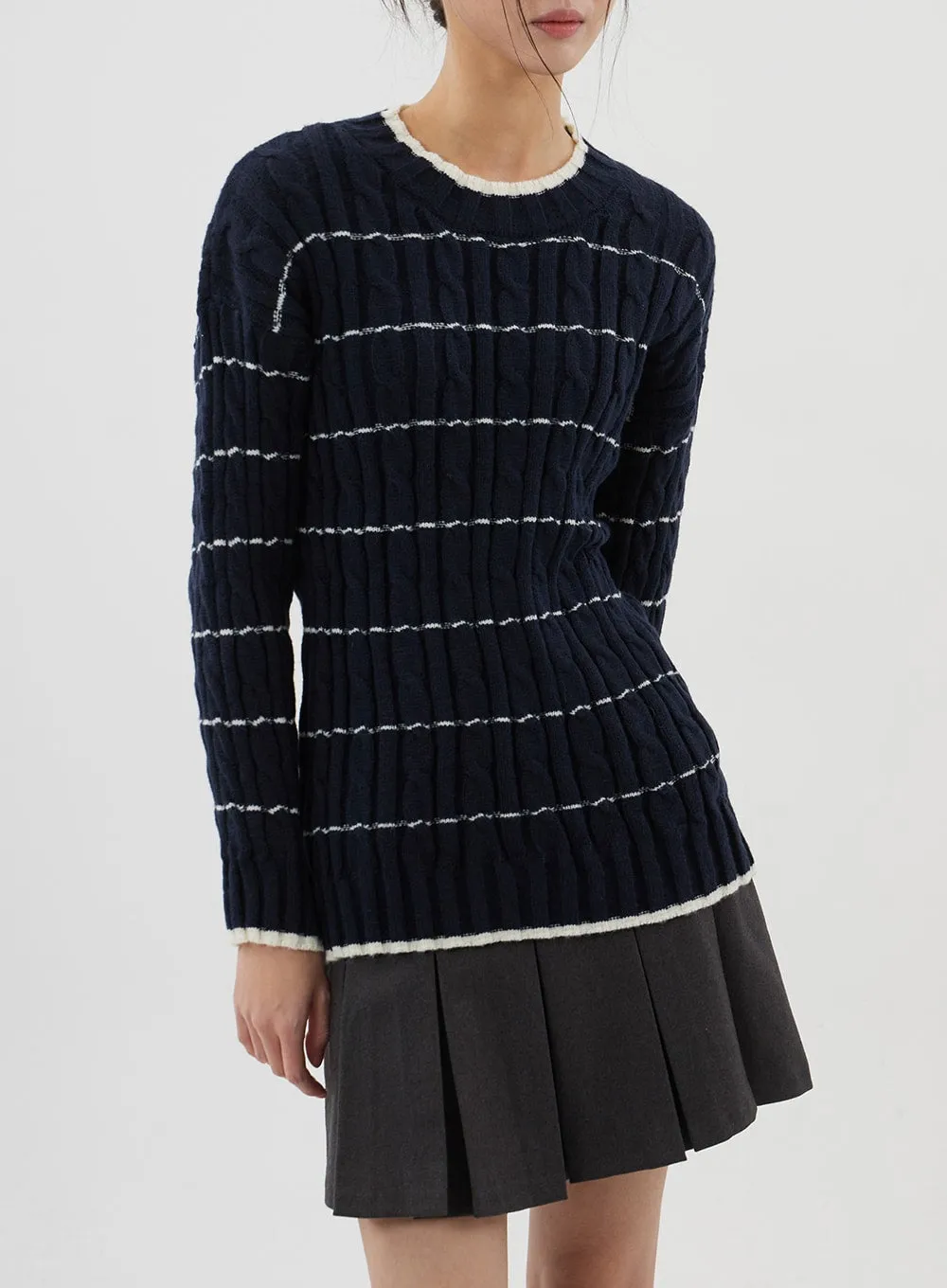 Cable Knit Stripe Crewneck Sweater CJ310