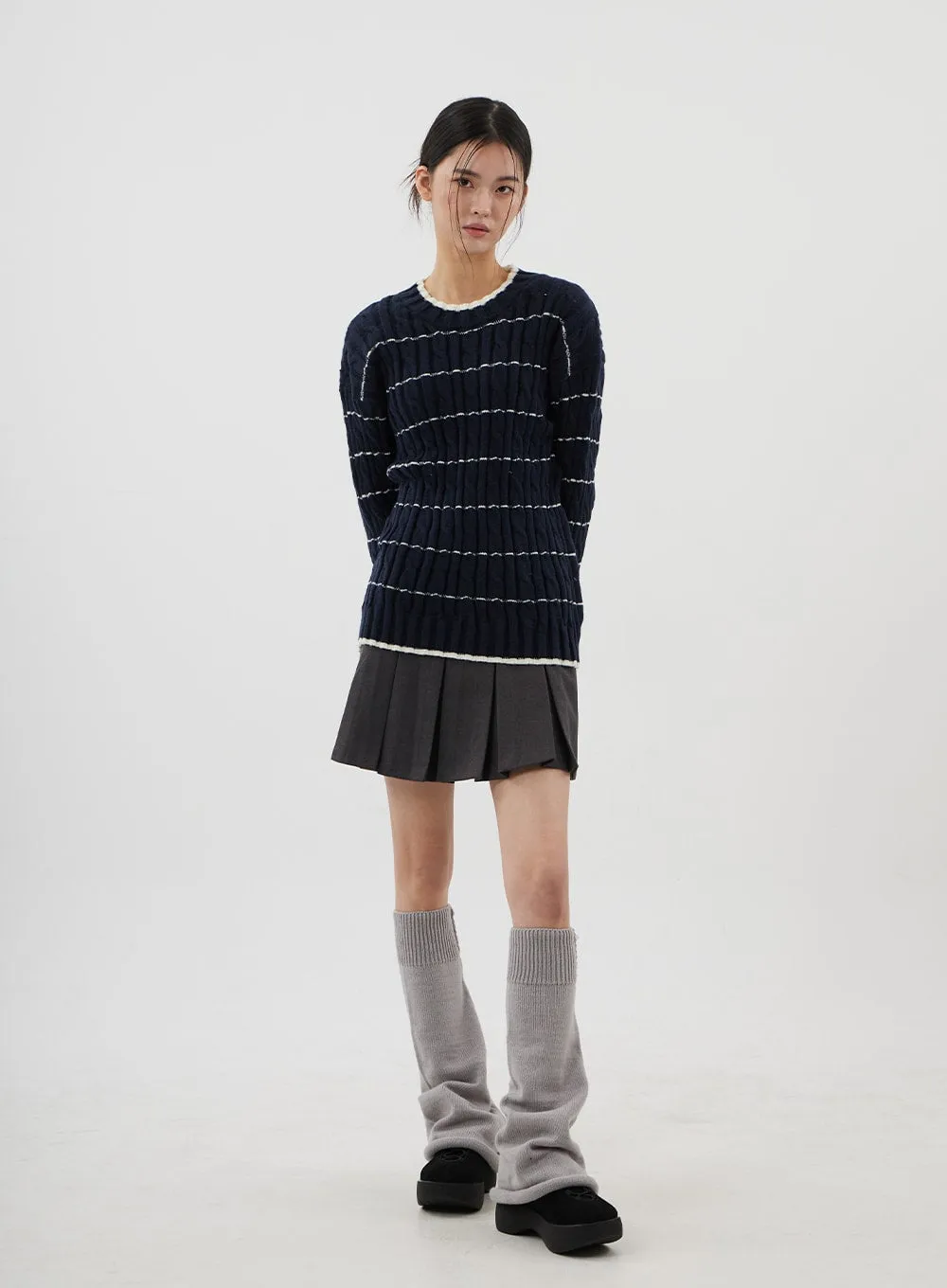 Cable Knit Stripe Crewneck Sweater CJ310