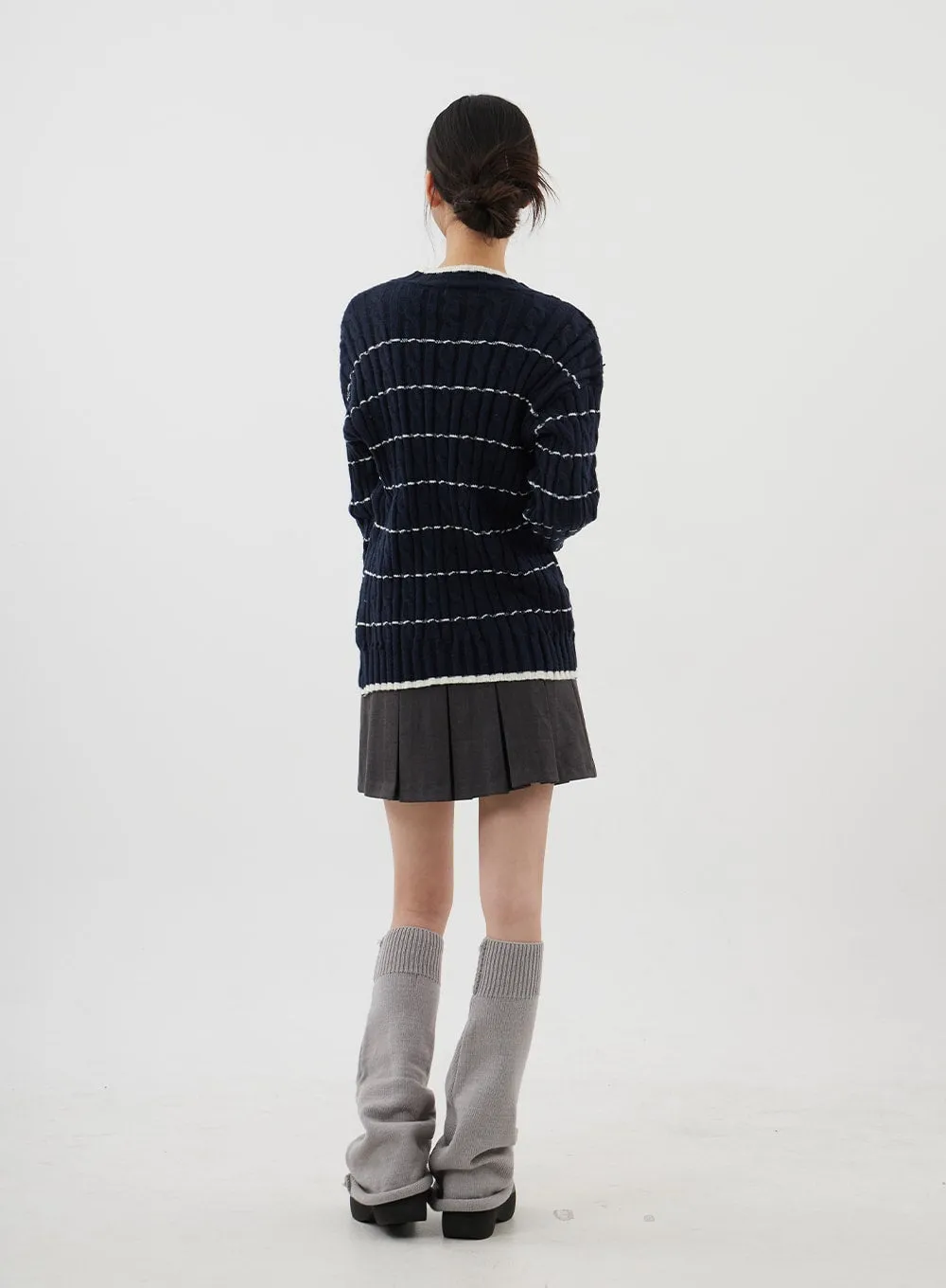 Cable Knit Stripe Crewneck Sweater CJ310