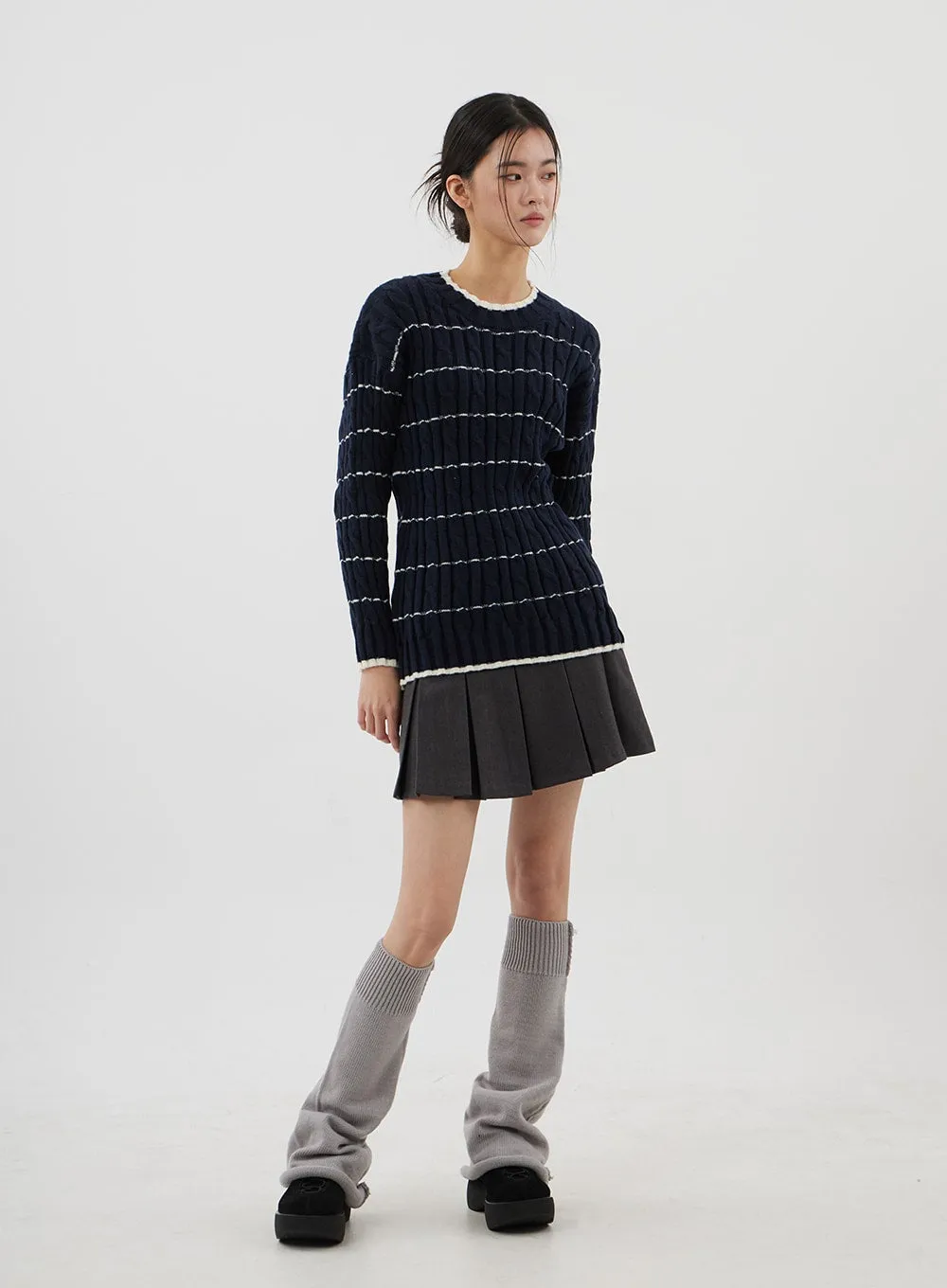 Cable Knit Stripe Crewneck Sweater CJ310