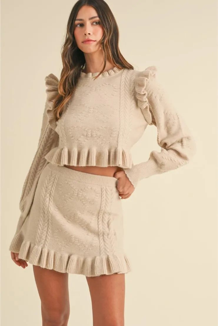 Cadey Bow Pattern Ruffle Detail Sweater & Mini Skirt (Sold Separately)