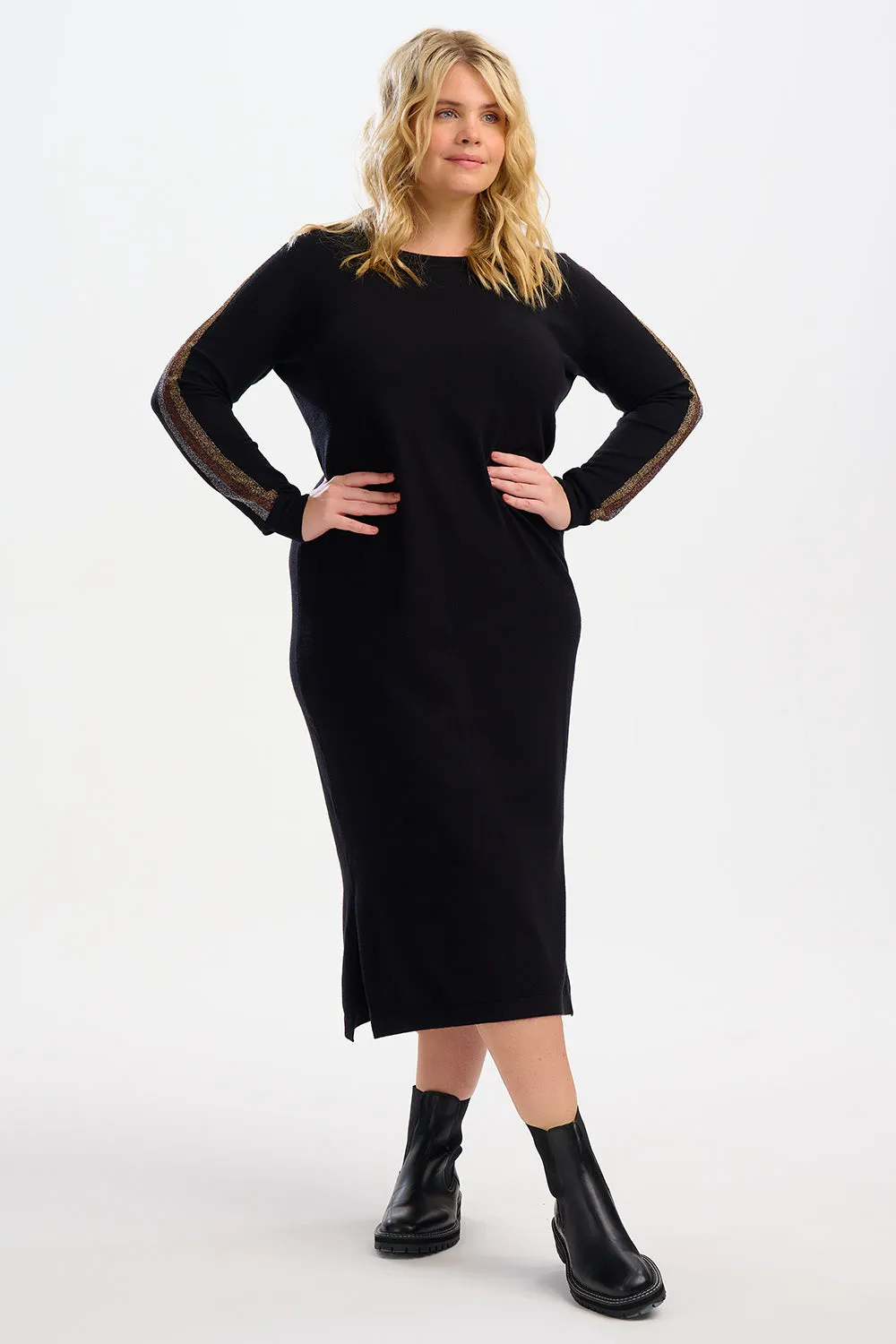 Liselle Midi Knit Dress - Black, Metallic Stripes