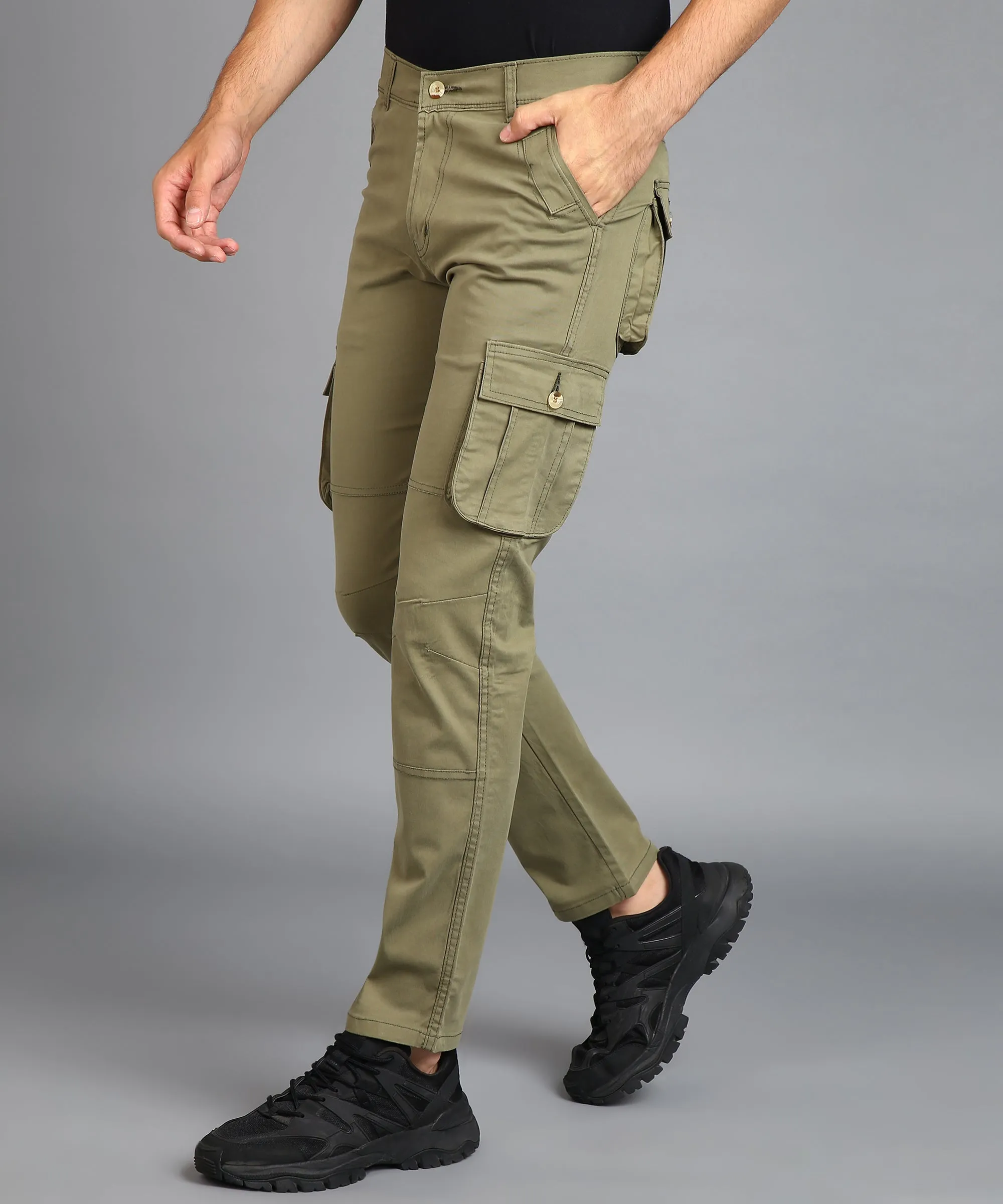 Men's Olive Green Regular Fit Solid Cargo Chino Pant with 6 Pockets