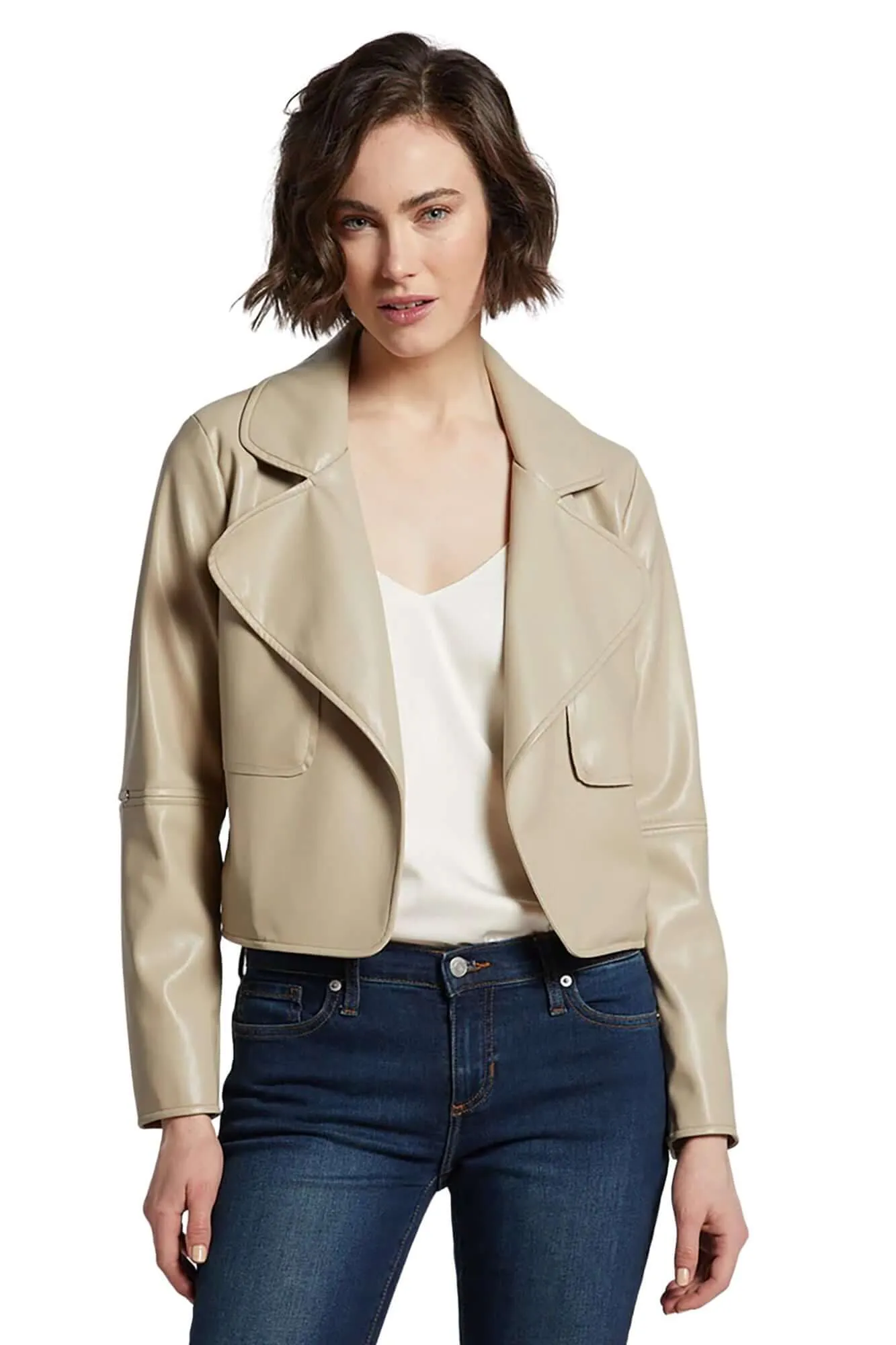 Ninon Short Leather Jacket in Beige