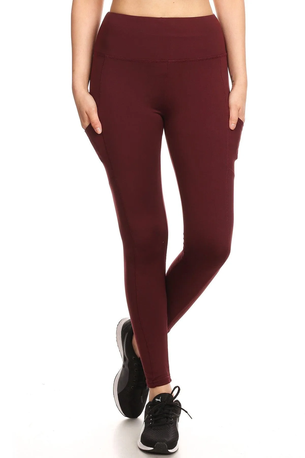 Solid Fleece Lined Sports Leggings With Side Pockets - Burgundy