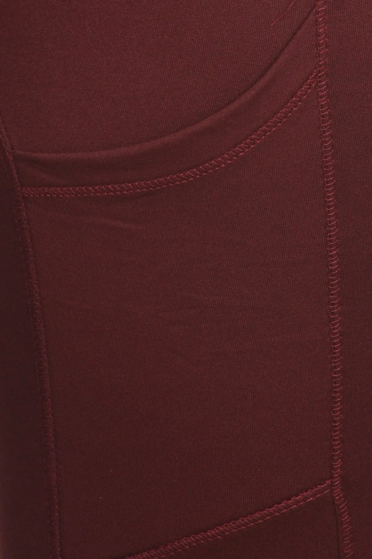 Solid Fleece Lined Sports Leggings With Side Pockets - Burgundy