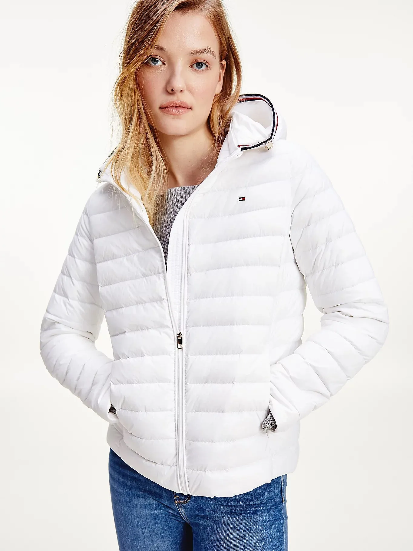 TOMMY HILFIGER-Down Filled Quilted Hooded Jacket-White