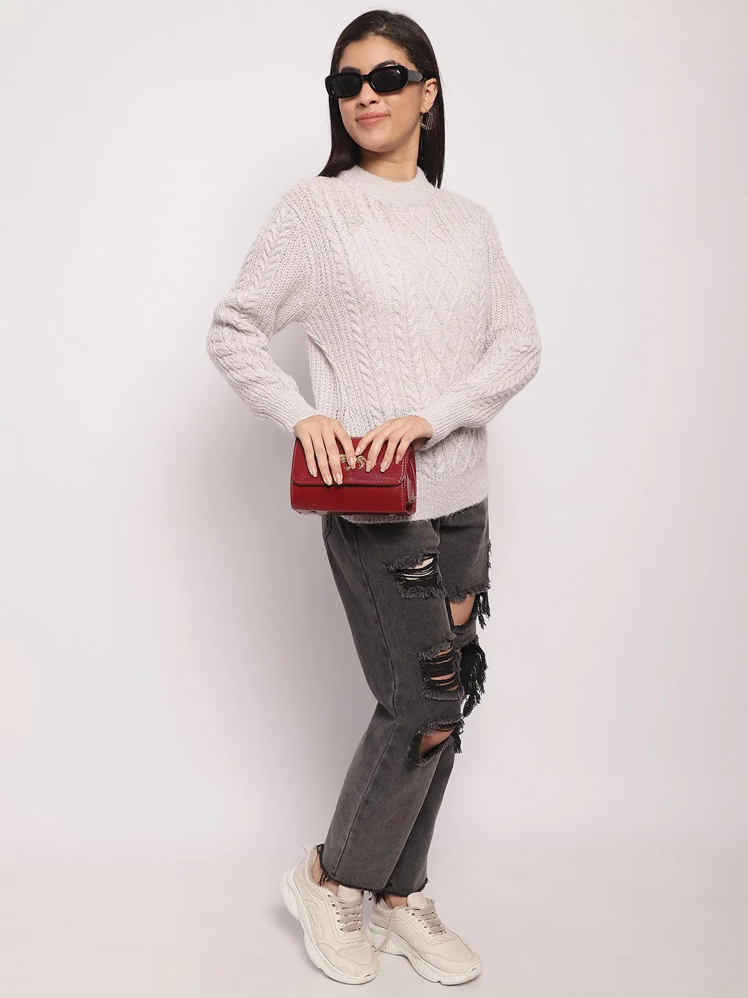 Women Light Grey Cable Knit Sweater