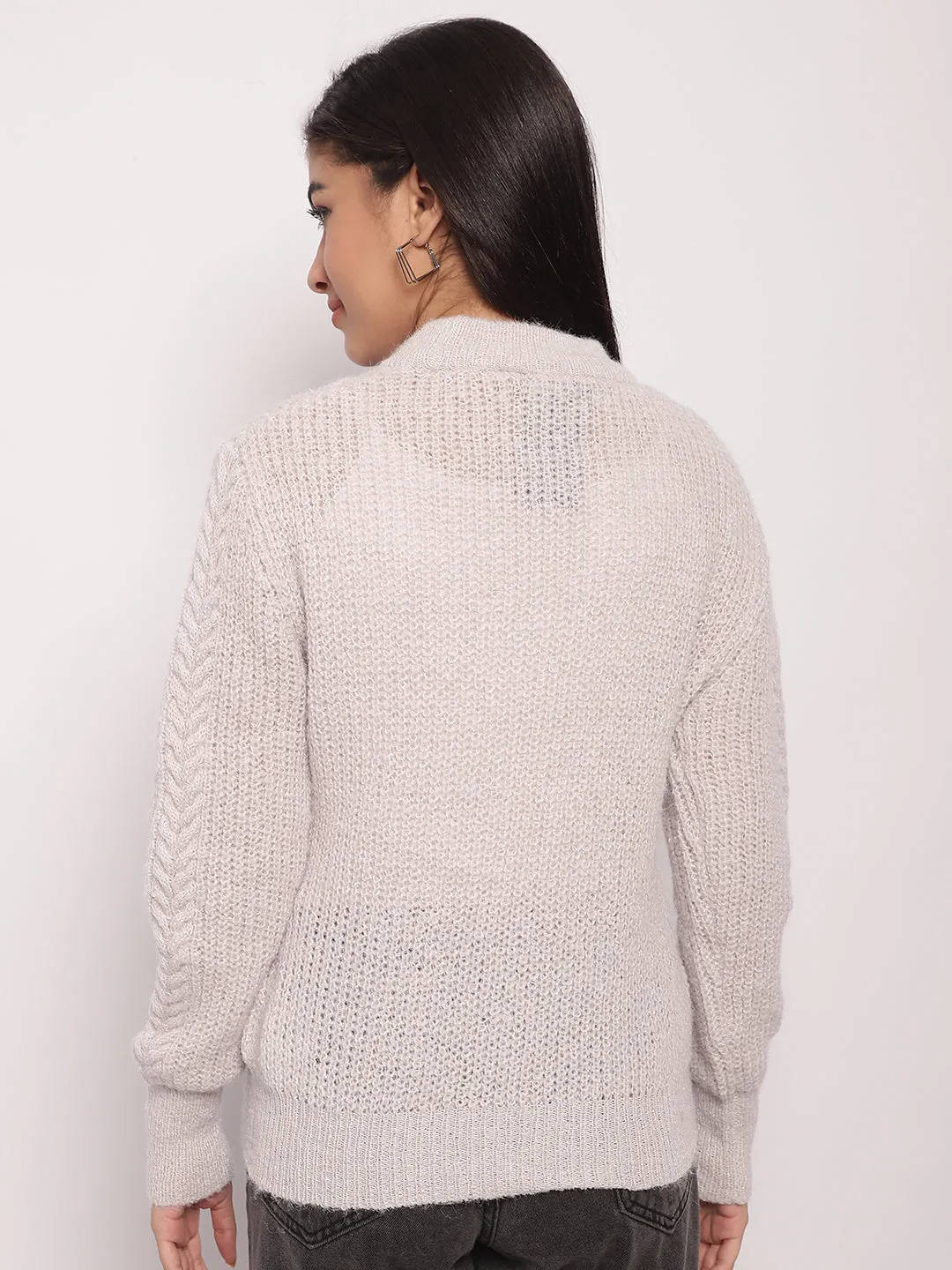 Women Light Grey Cable Knit Sweater