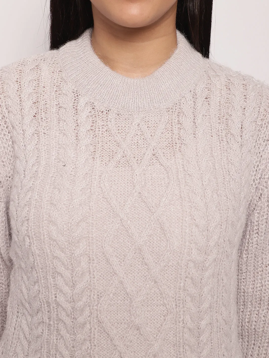 Women Light Grey Cable Knit Sweater