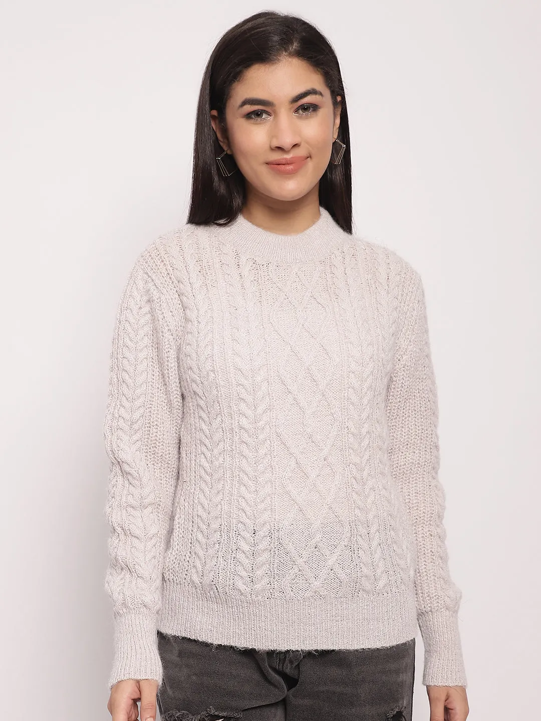 Women Light Grey Cable Knit Sweater