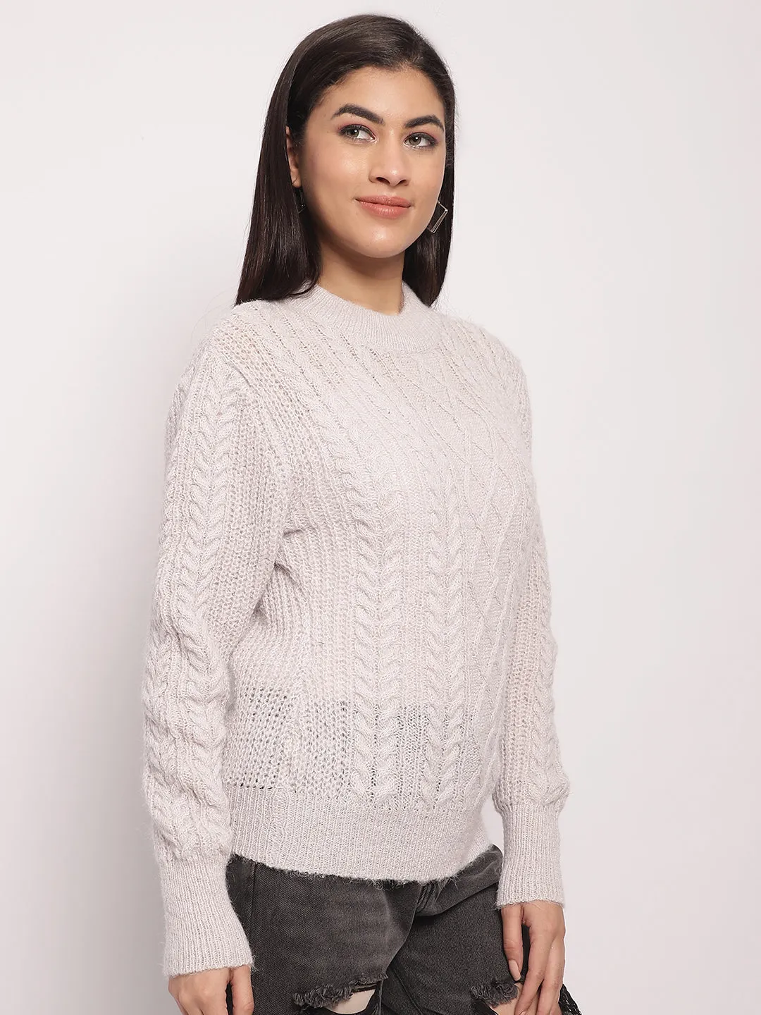 Women Light Grey Cable Knit Sweater