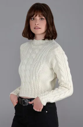 Womens Chunky Merino Wool Vintage Aran Cropped Jumper